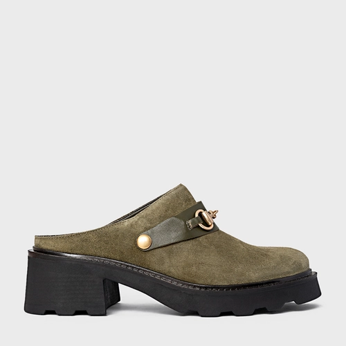 Mule Bridão Tratorado Couro Suede Verde Army Green
