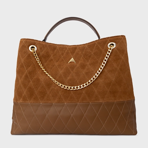 Bolsa Tote Barbara Grande Couro Suede Marrom Saddle