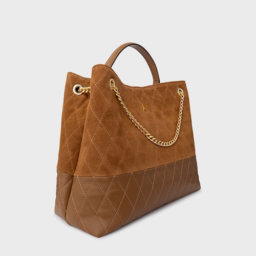 Bolsa Tote Barbara Grande Couro Suede Marrom Saddle