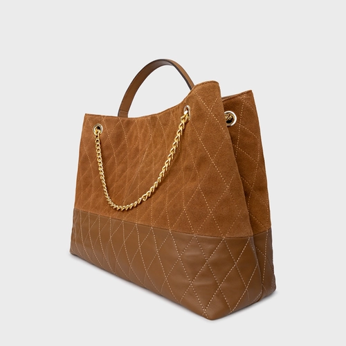 Bolsa Tote Barbara Grande Couro Suede Marrom Saddle