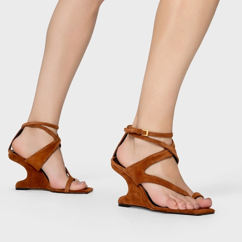 Sandália Frame Salto Anabela Curve Marrom Ferrugem