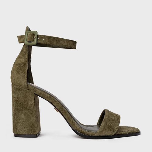 Sandália Classic Salto Bloco Couro Suede Verde Army Green