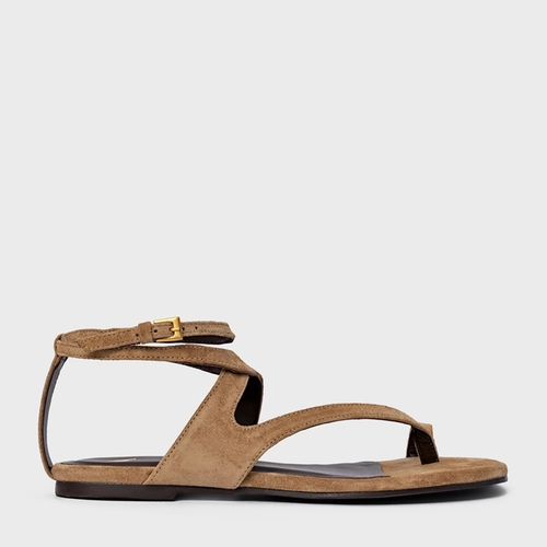 Sandália Flat Frame Couro Suede Bege Almond