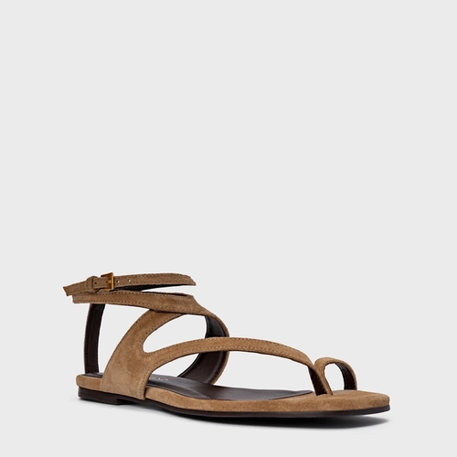 Sandália Flat Frame Couro Suede Bege Almond