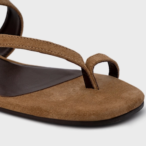 Sandália Flat Frame Couro Suede Bege Almond