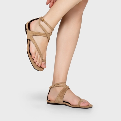 Sandália Flat Frame Couro Suede Bege Almond