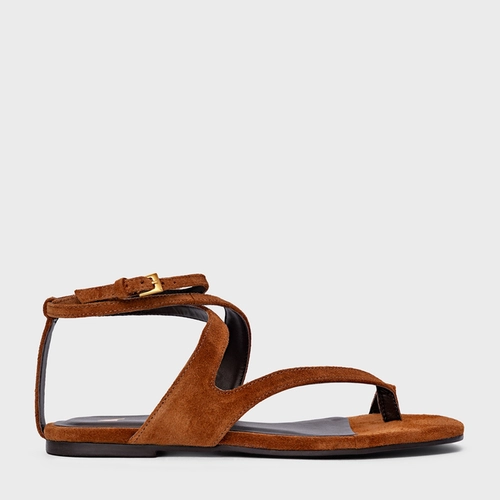 Sandália Flat Frame Couro Suede Marrom Ferrugem
