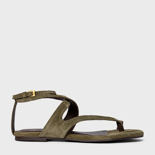 Sandália Flat Frame Couro Suede Verde Army Green