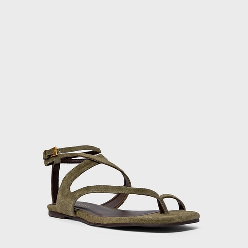 Sandália Flat Frame Couro Suede Verde Army Green