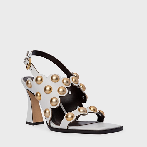 Sandália Balls Recorte Salto Flared Couro Branco