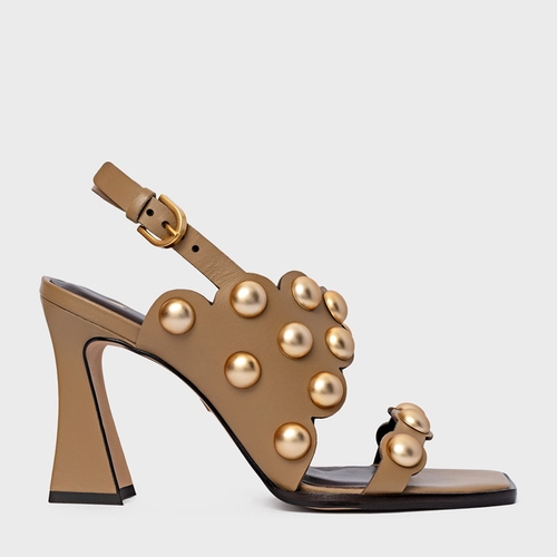 Sandália Balls Recorte Salto Flared Couro Bege Almond