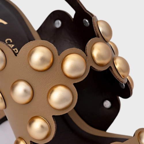 Sandália Balls Recorte Salto Flared Couro Bege Almond