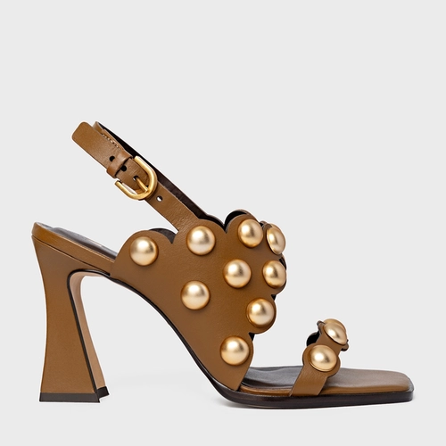 Sandália Balls Recorte Salto Flared Couro Marrom Saddle