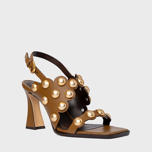 Sandália Balls Recorte Salto Flared Couro Marrom Saddle