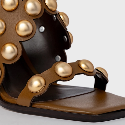 Sandália Balls Recorte Salto Flared Couro Marrom Saddle