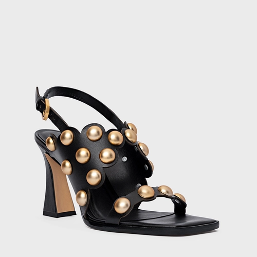 Sandália Balls Recorte Salto Flared Couro Preto