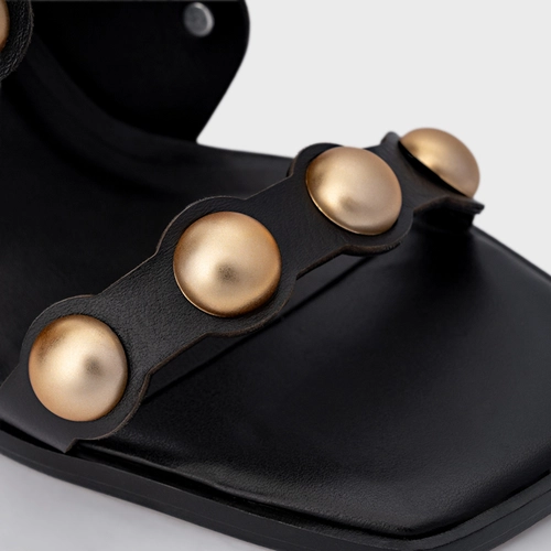 Sandália Balls Recorte Salto Flared Couro Preto