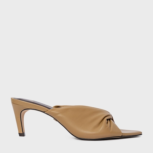 Open Mule Twist Salto Fino Couro Bege Almond