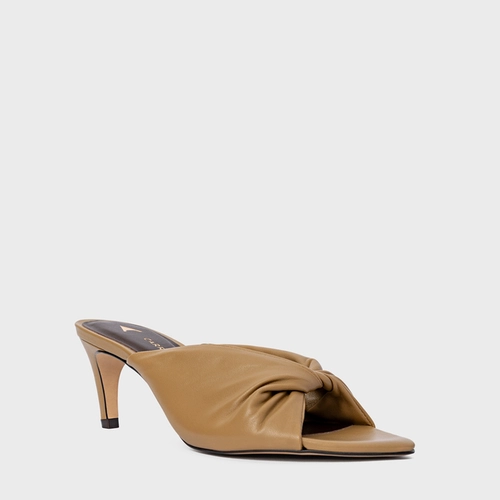 Open Mule Twist Salto Fino Couro Bege Almond