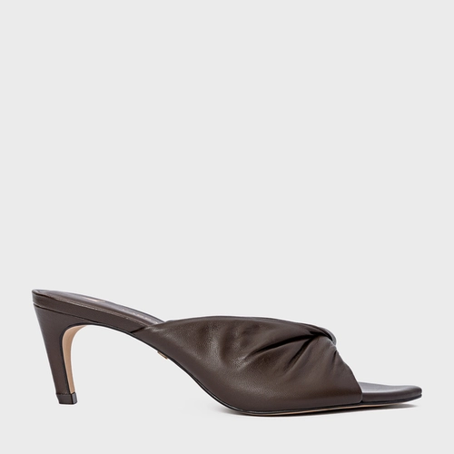 Open Mule Twist Salto Fino Couro Marrom Dark Brown