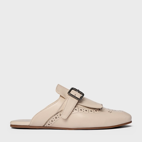 Mule Clog Franjas Couro Off White Cotton