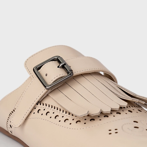 Mule Clog Franjas Couro Off White Cotton