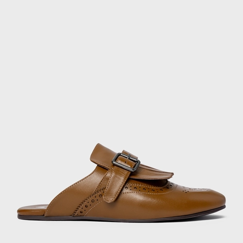 Mule Clog Franjas Couro Marrom Saddle