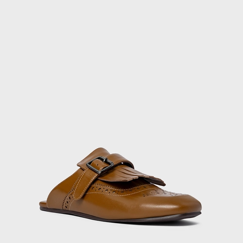 Mule Clog Franjas Couro Marrom Saddle