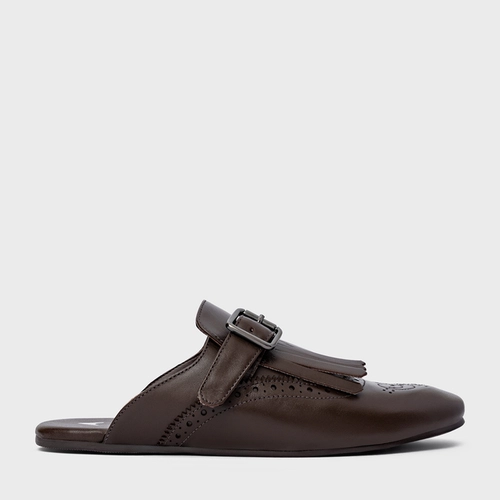 Mule Clog Franjas Couro Marrom Dark Brown