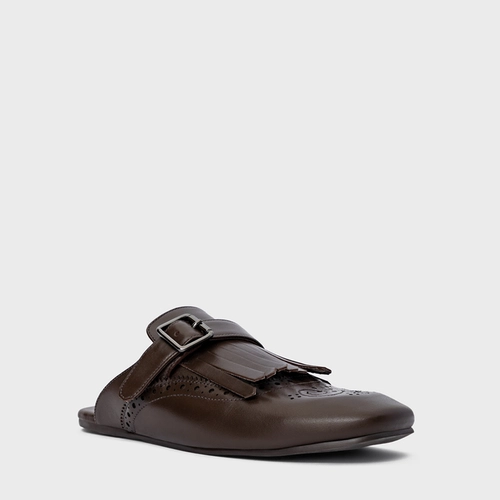 Mule Clog Franjas Couro Marrom Dark Brown