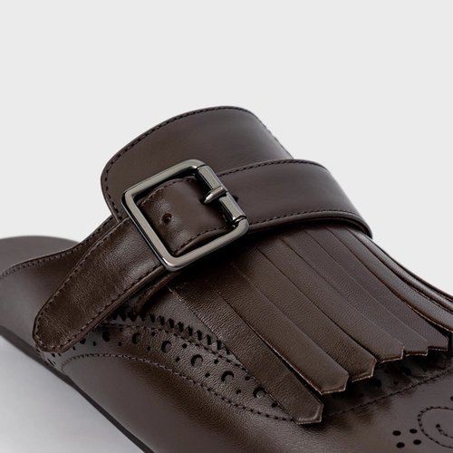 Mule Clog Franjas Couro Marrom Dark Brown