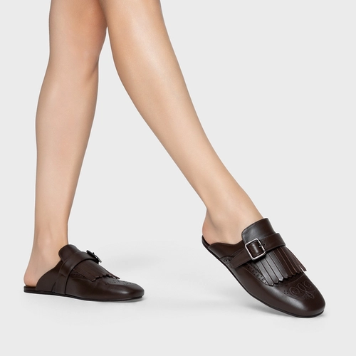 Mule Clog Franjas Couro Marrom Dark Brown