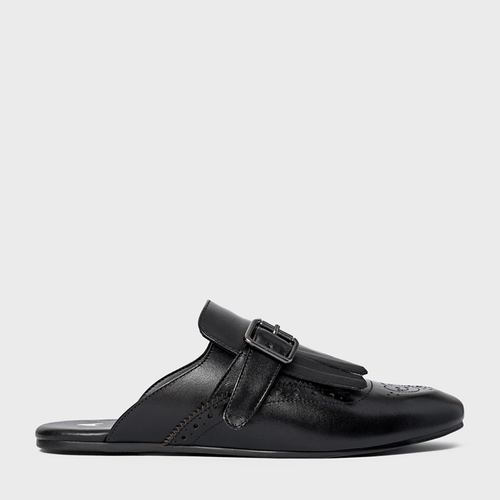 Mule Clog Franjas Couro Preto