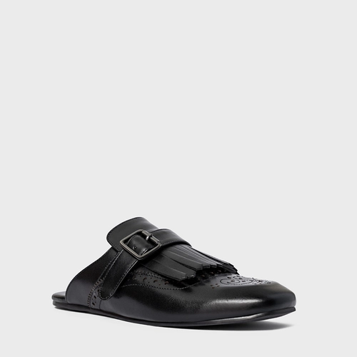 Mule Clog Franjas Couro Preto