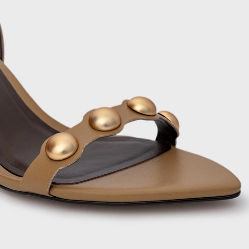 Sandália Balls Salto Fino Couro Bege Almond