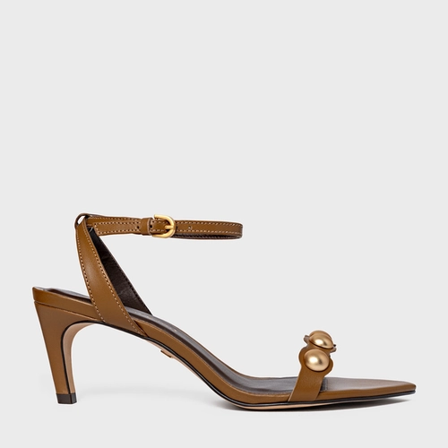 Sandália Balls Salto Fino Couro Marrom Saddle