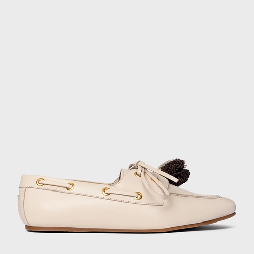 Loafer Dockside Pompom Couro Off White Cotton
