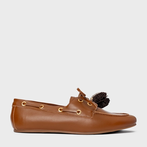 Loafer Dockside Pompom Couro Marrom Ferrugem