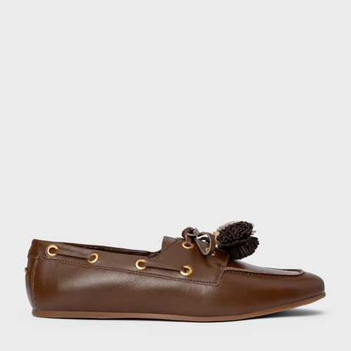Loafer Dockside Pompom Couro Marrom Brownie