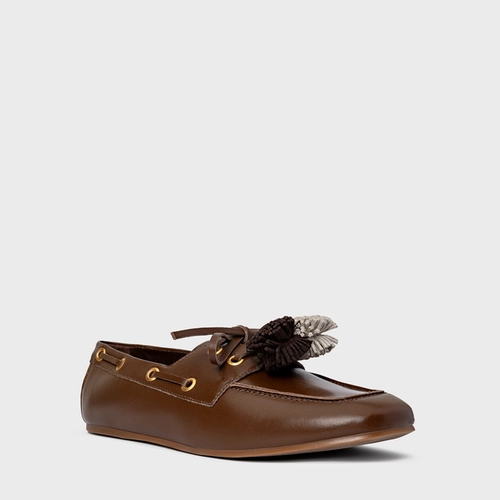 Loafer Dockside Pompom Couro Marrom Brownie