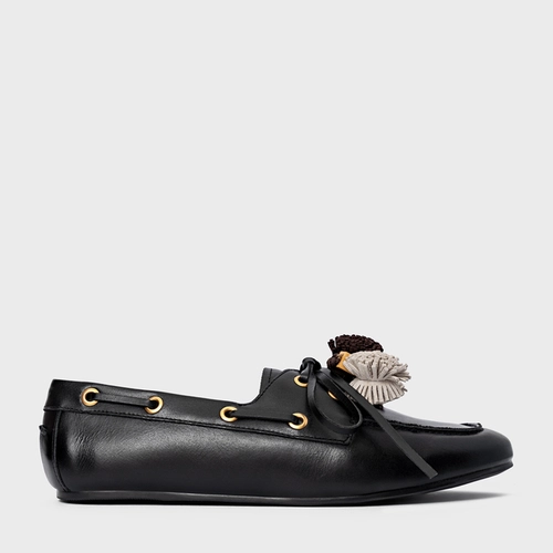 Loafer Dockside Pompom Couro Preto