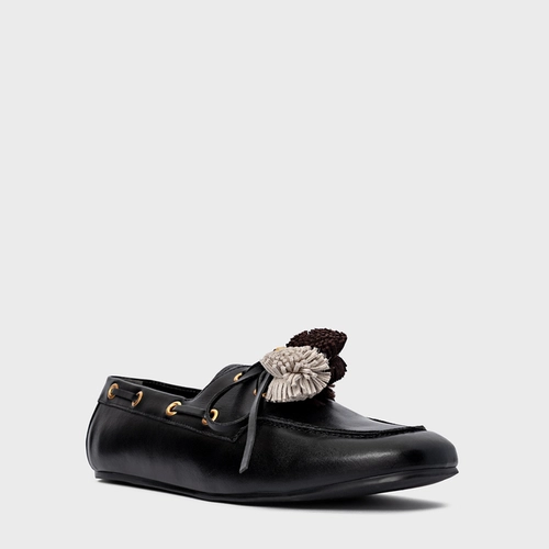 Loafer Dockside Pompom Couro Preto