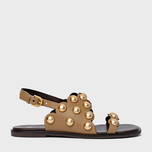 Sandália Flat Balls Recorte Couro Bege Almond