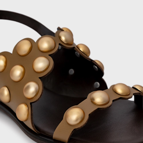 Sandália Flat Balls Recorte Couro Bege Almond