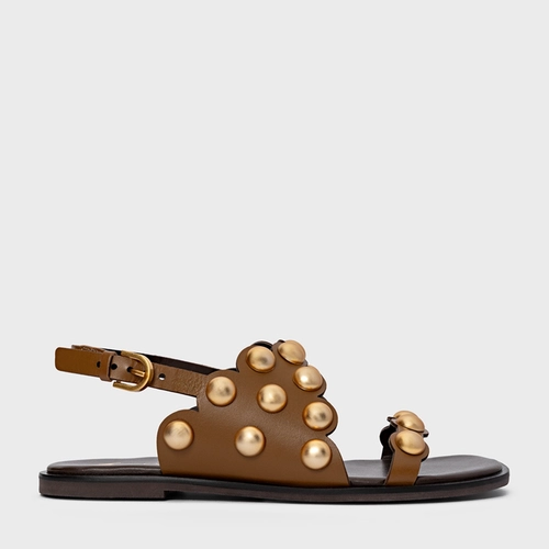 Sandália Flat Balls Recorte Couro Marrom Saddle