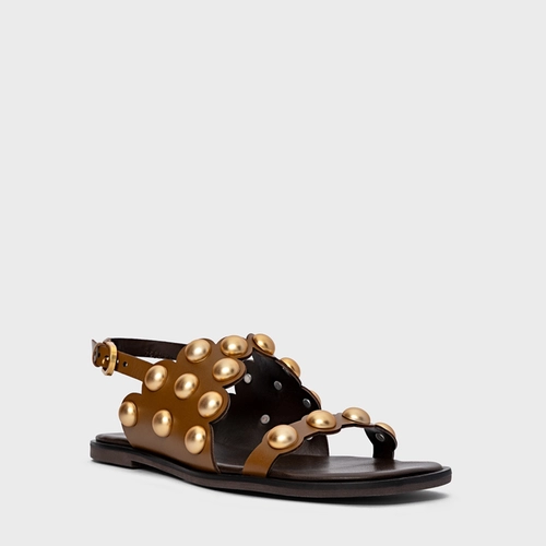 Sandália Flat Balls Recorte Couro Marrom Saddle