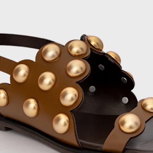 Sandália Flat Balls Recorte Couro Marrom Saddle