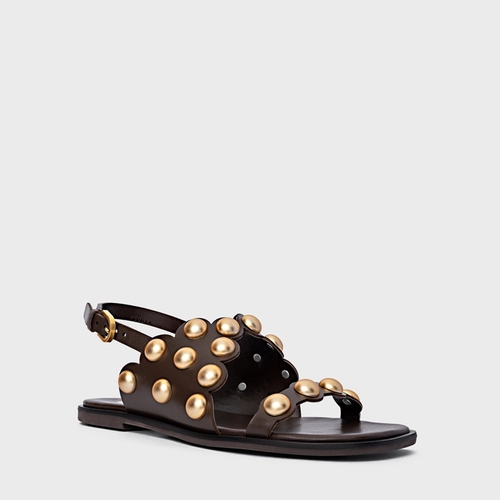 Sandália Flat Balls Recorte Couro Marrom Dark Brown