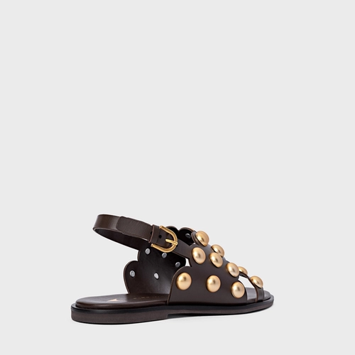 Sandália Flat Balls Recorte Couro Marrom Dark Brown