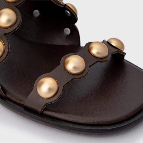 Sandália Flat Balls Recorte Couro Marrom Dark Brown